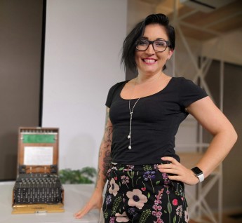 Vivienne Pustell of Slack, Risk & Compliance Team) with the Enigma Machine, San Francisco, Oct 2018